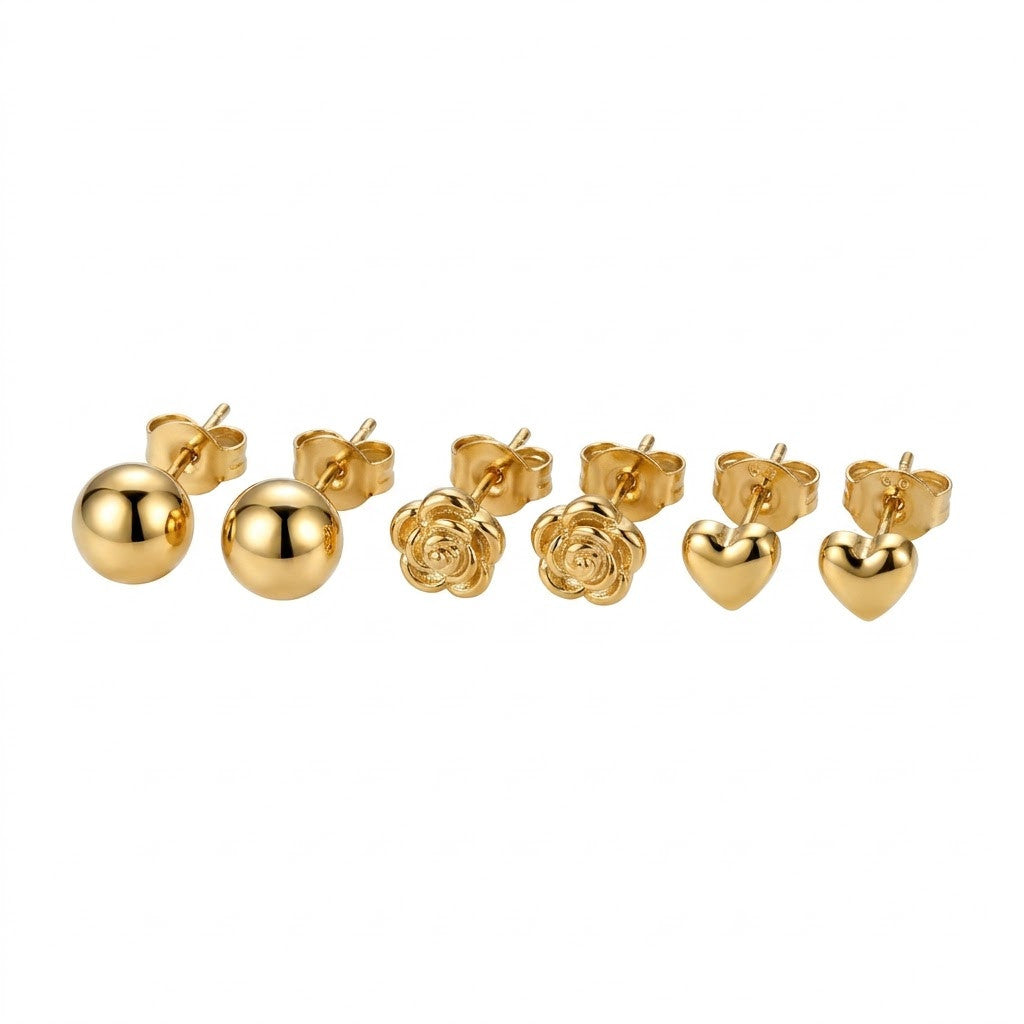 Golden Trio 3-Pair Minimalist Stud Set | 18K Gold Plated | Anti-Tarnish Demi-Fine Sweat-Proof - ANUSI Demi-Fine Jewelry Shot 1