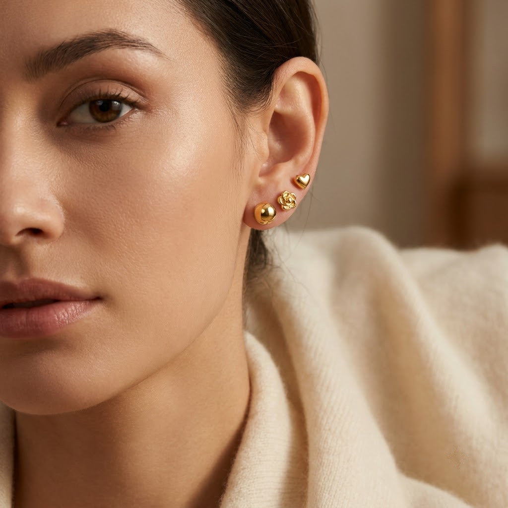 Golden Trio 3-Pair Minimalist Stud Set | 18K Gold Plated | Anti-Tarnish Demi-Fine Sweat-Proof - ANUSI Demi-Fine Jewelry Shot 2
