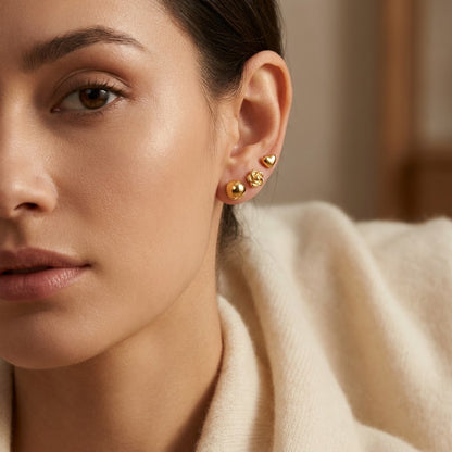 Golden Trio 3-Pair Minimalist Stud Set | 18K Gold Plated | Anti-Tarnish Demi-Fine Sweat-Proof - ANUSI Demi-Fine Jewelry Shot 2