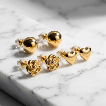 Golden Trio 3-Pair Minimalist Stud Set | 18K Gold Plated | Anti-Tarnish Demi-Fine Sweat-Proof - ANUSI Demi-Fine Jewelry Shot 4