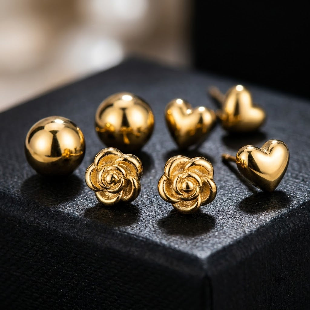 Golden Trio 3-Pair Minimalist Stud Set | 18K Gold Plated | Anti-Tarnish Demi-Fine Sweat-Proof - ANUSI Demi-Fine Jewelry Shot 3