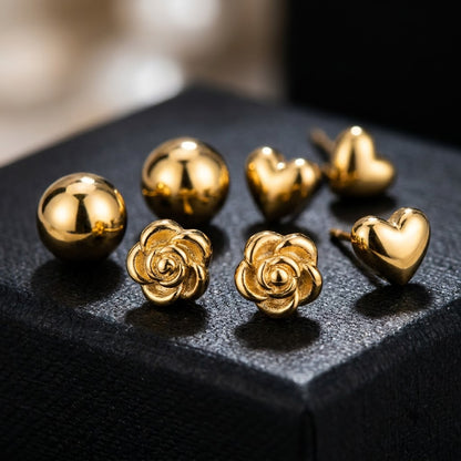 Golden Trio 3-Pair Minimalist Stud Set | 18K Gold Plated | Anti-Tarnish Demi-Fine Sweat-Proof - ANUSI Demi-Fine Jewelry Shot 3