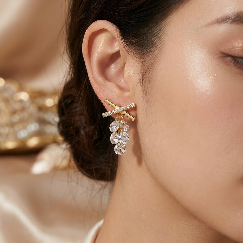 Crystal Teardrop Cluster Drop Earrings | 18K Gold Plated | Anti-Tarnish Demi-Fine Sweat-Proof - ANUSI Demi-Fine Jewelry Shot 2