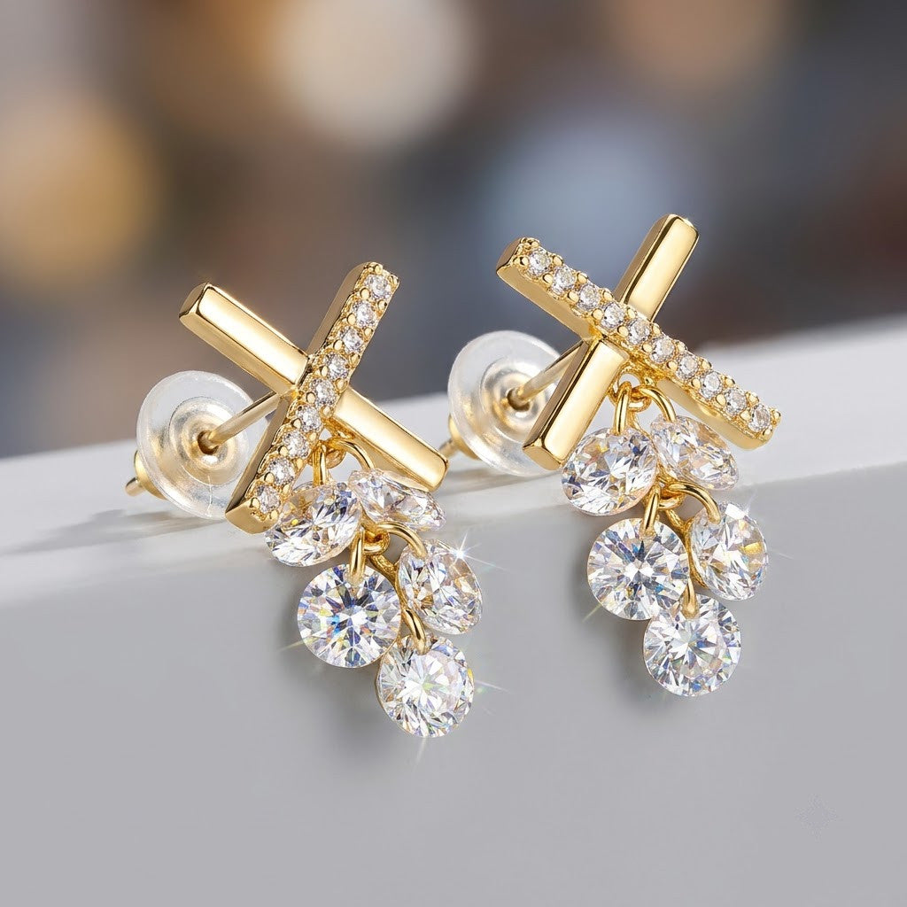 Crystal Teardrop Cluster Drop Earrings | 18K Gold Plated | Anti-Tarnish Demi-Fine Sweat-Proof - ANUSI Demi-Fine Jewelry Shot 3