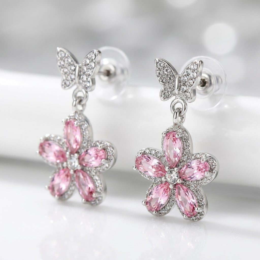Papillon Butterfly & Crystal Flower Drop Earrings | 18K Gold Plated | Anti-Tarnish Demi-Fine Sweat-Proof - ANUSI Demi-Fine Jewelry Shot 3