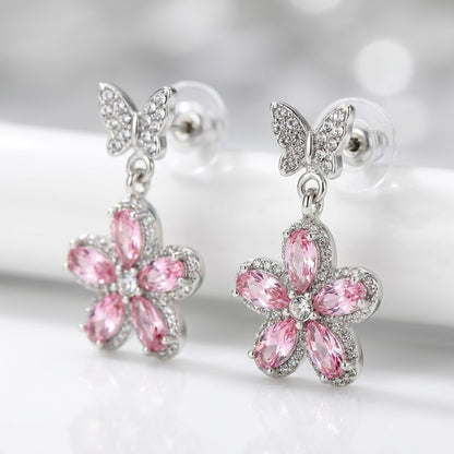 Papillon Butterfly & Crystal Flower Drop Earrings | 18K Gold Plated | Anti-Tarnish Demi-Fine Sweat-Proof - ANUSI Demi-Fine Jewelry Shot 3