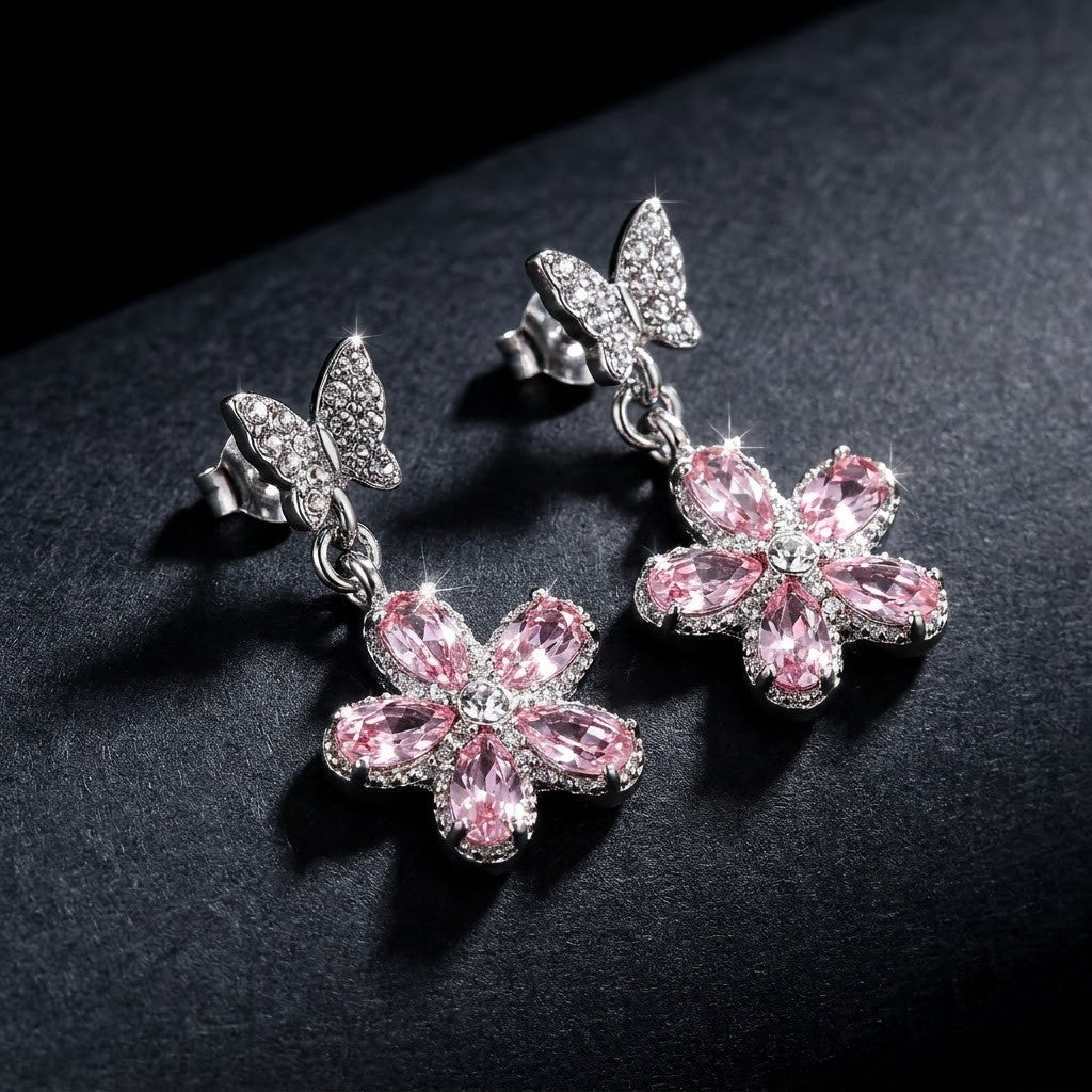 Papillon Butterfly & Crystal Flower Drop Earrings | 18K Gold Plated | Anti-Tarnish Demi-Fine Sweat-Proof - ANUSI Demi-Fine Jewelry Shot 6