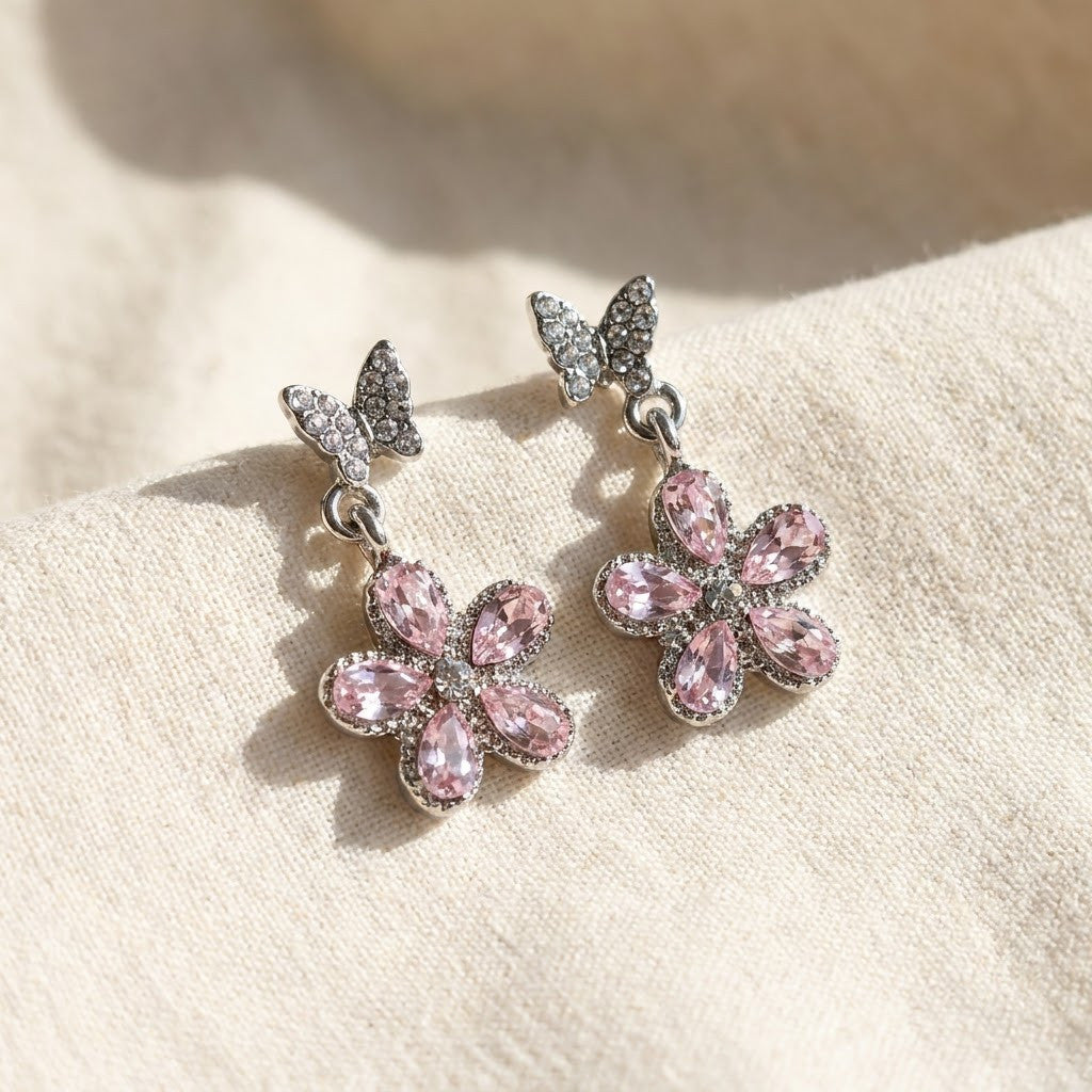 Papillon Butterfly & Crystal Flower Drop Earrings | 18K Gold Plated | Anti-Tarnish Demi-Fine Sweat-Proof - ANUSI Demi-Fine Jewelry Shot 5