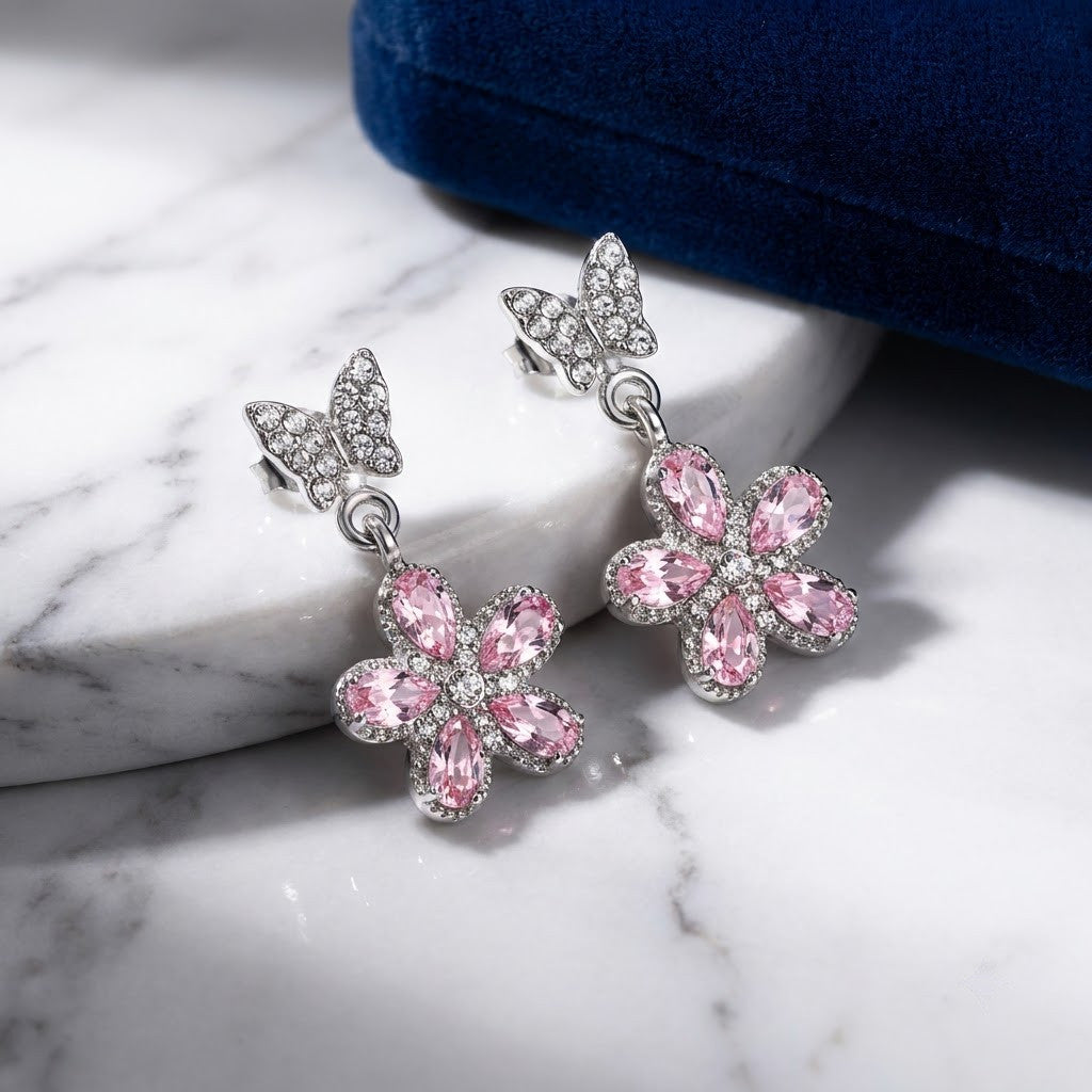 Papillon Butterfly & Crystal Flower Drop Earrings | 18K Gold Plated | Anti-Tarnish Demi-Fine Sweat-Proof - ANUSI Demi-Fine Jewelry Shot 4