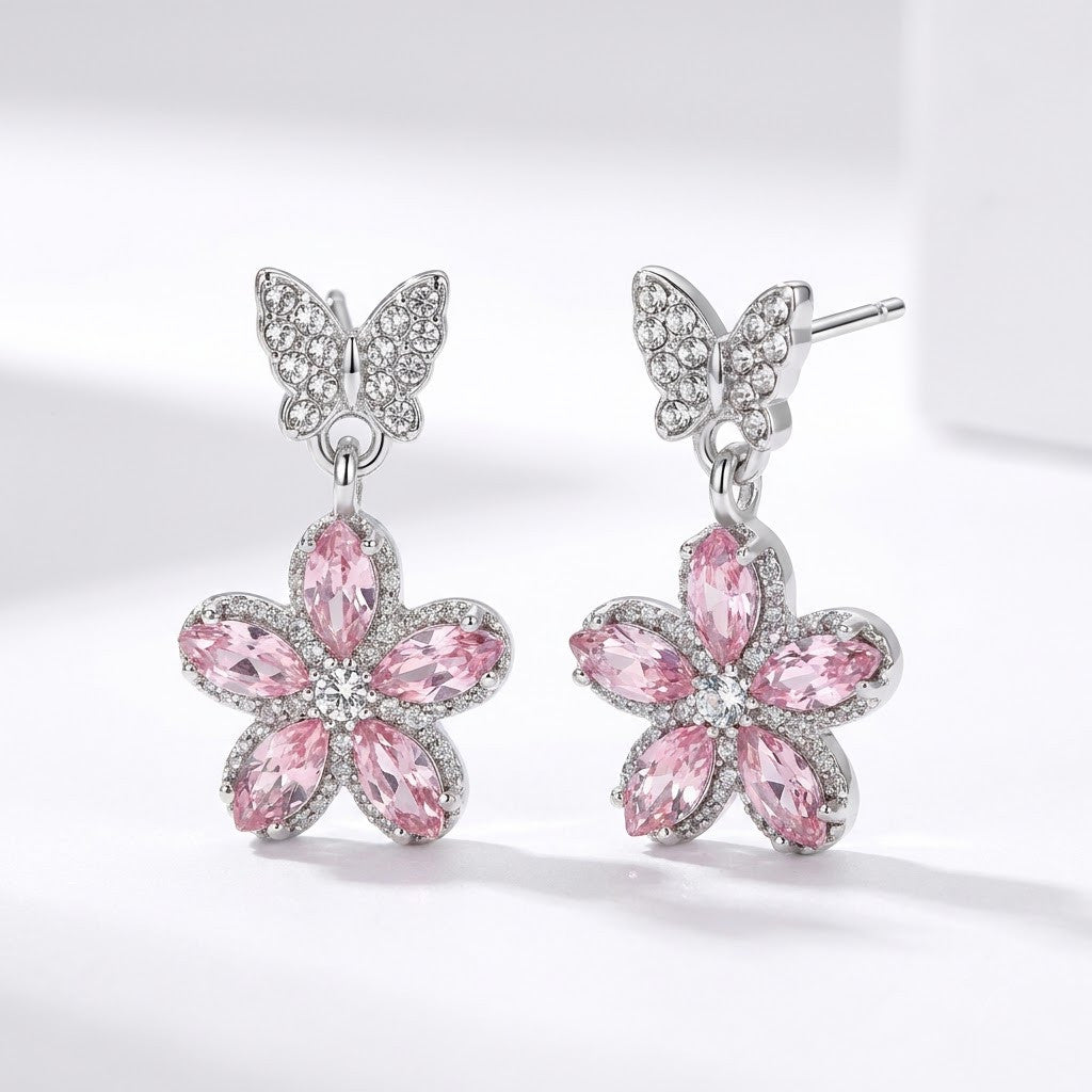 Papillon Butterfly & Crystal Flower Drop Earrings | 18K Gold Plated | Anti-Tarnish Demi-Fine Sweat-Proof - ANUSI Demi-Fine Jewelry Shot 1