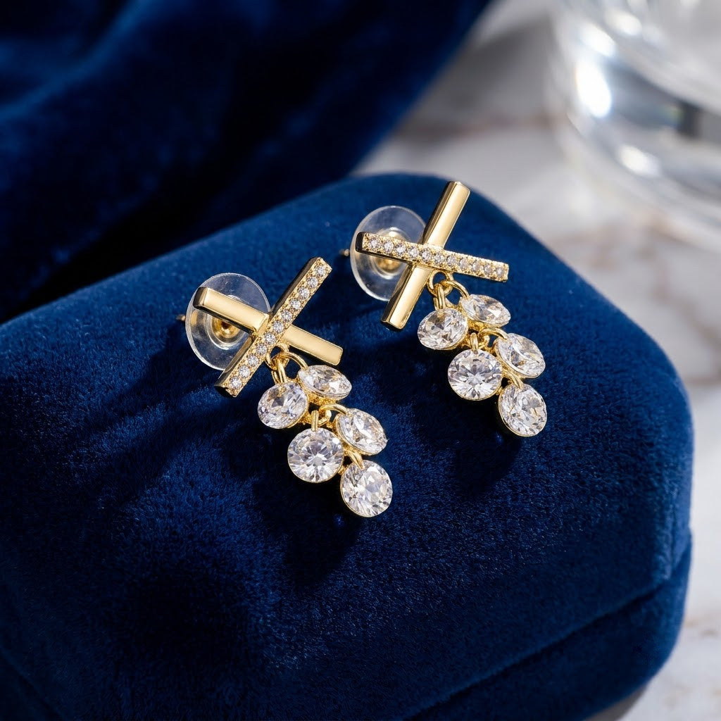 Crystal Teardrop Cluster Drop Earrings | 18K Gold Plated | Anti-Tarnish Demi-Fine Sweat-Proof - ANUSI Demi-Fine Jewelry Shot 4
