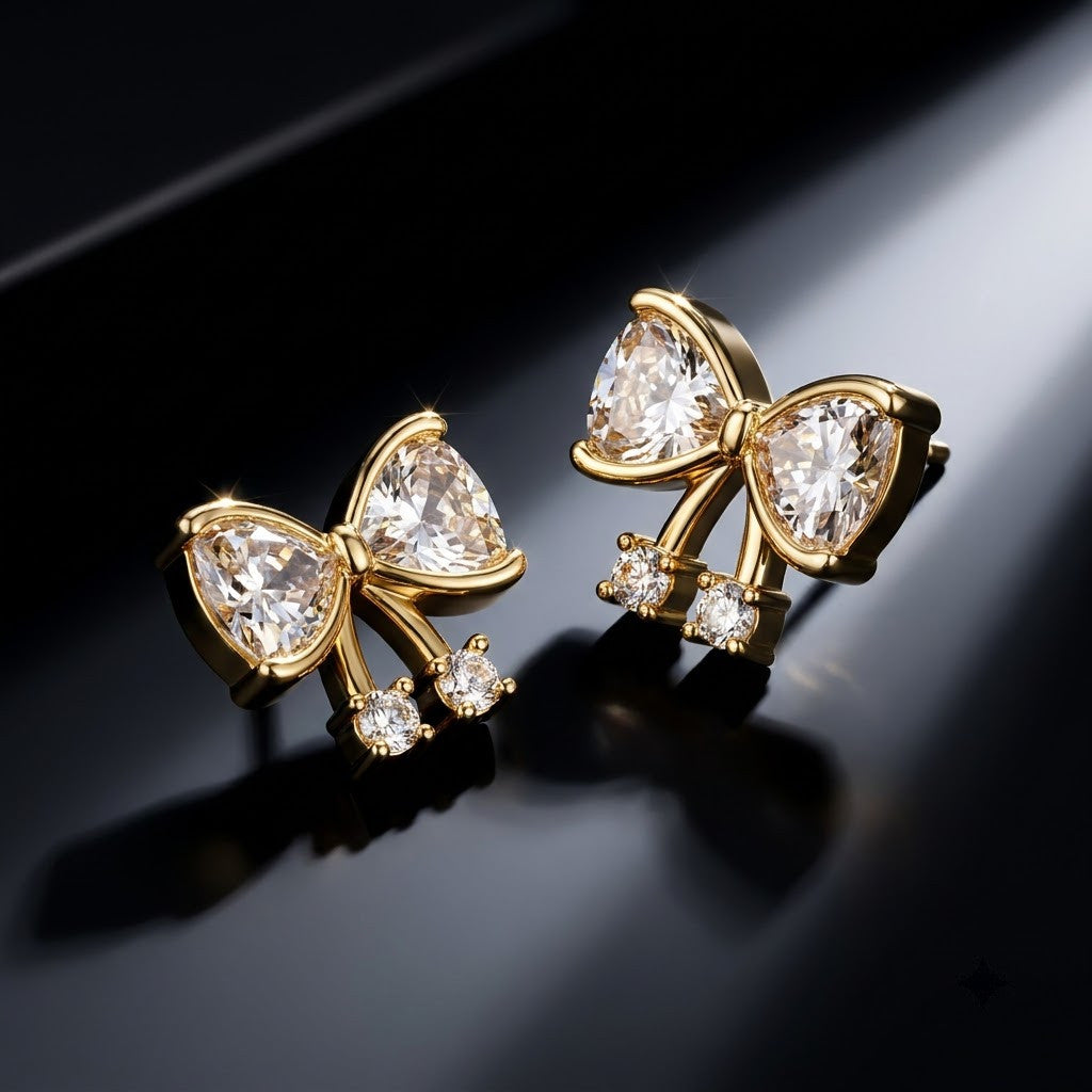 Dainty Pavé Ribbon Bow Stud Earrings | 18K Gold Plated | Anti-Tarnish Demi-Fine Sweat-Proof - ANUSI Demi-Fine Jewelry Shot 6