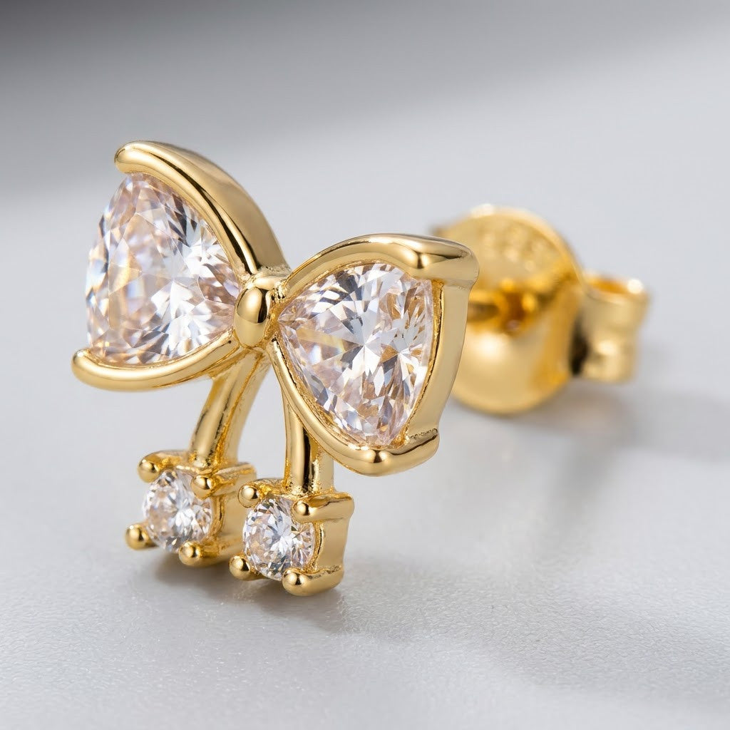 Dainty Pavé Ribbon Bow Stud Earrings | 18K Gold Plated | Anti-Tarnish Demi-Fine Sweat-Proof - ANUSI Demi-Fine Jewelry Shot 3