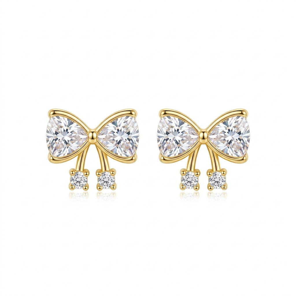 Dainty Pavé Ribbon Bow Stud Earrings | 18K Gold Plated | Anti-Tarnish Demi-Fine Sweat-Proof - ANUSI Demi-Fine Jewelry Shot 1