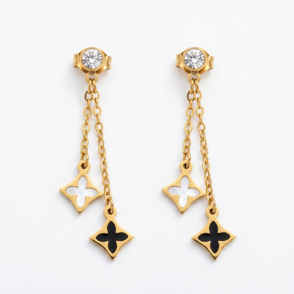Monochrome Dual Clover Chain Drop Earrings | 18K Gold Plated | Anti-Tarnish Demi-Fine Sweat-Proof - ANUSI Demi-Fine Jewelry Shot 1