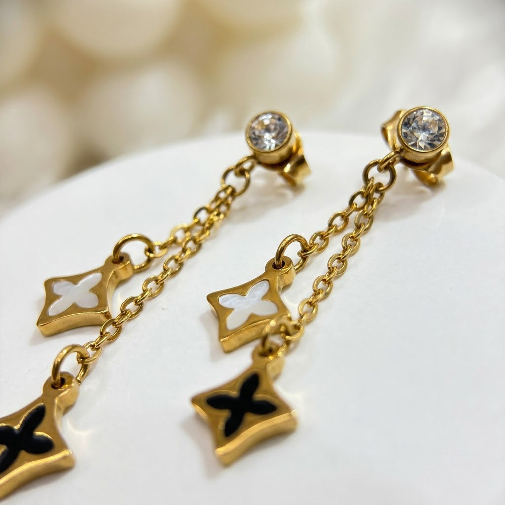 Monochrome Dual Clover Chain Drop Earrings | 18K Gold Plated | Anti-Tarnish Demi-Fine Sweat-Proof - ANUSI Demi-Fine Jewelry Shot 2