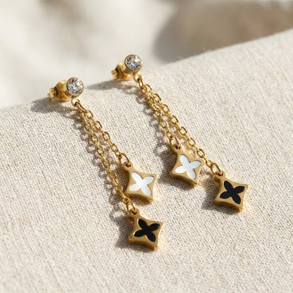 Monochrome Dual Clover Chain Drop Earrings | 18K Gold Plated | Anti-Tarnish Demi-Fine Sweat-Proof - ANUSI Demi-Fine Jewelry Shot 4