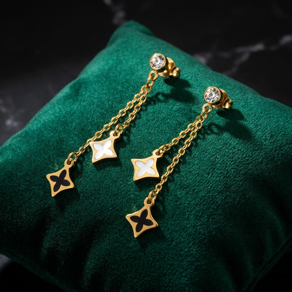 Monochrome Dual Clover Chain Drop Earrings | 18K Gold Plated | Anti-Tarnish Demi-Fine Sweat-Proof - ANUSI Demi-Fine Jewelry Shot 3
