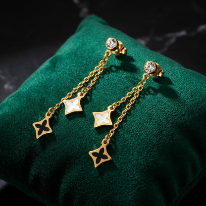 Monochrome Dual Clover Chain Drop Earrings | 18K Gold Plated | Anti-Tarnish Demi-Fine Sweat-Proof - ANUSI Demi-Fine Jewelry Shot 3