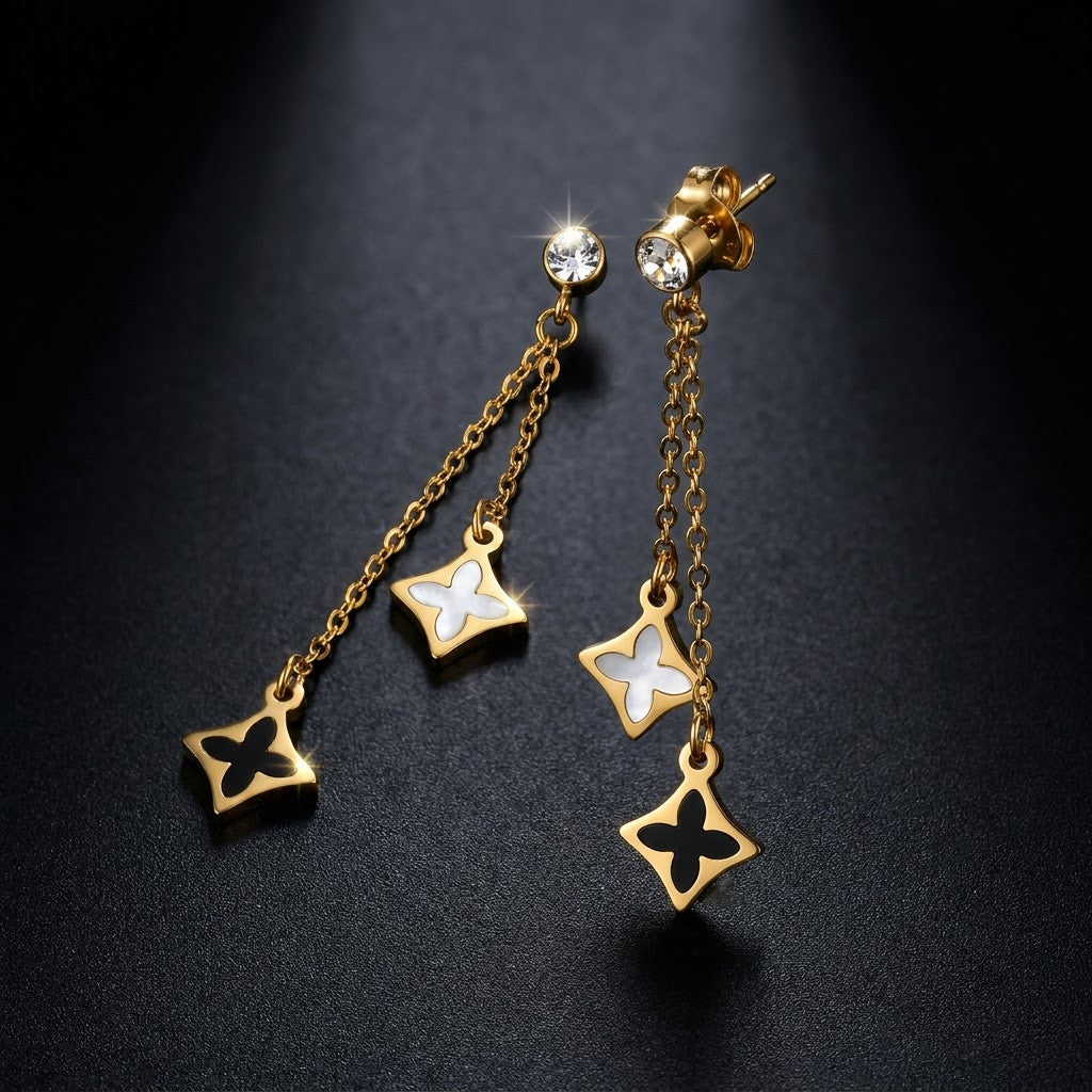 Monochrome Dual Clover Chain Drop Earrings | 18K Gold Plated | Anti-Tarnish Demi-Fine Sweat-Proof - ANUSI Demi-Fine Jewelry Shot 7