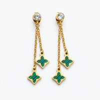 Malachite Emerald Clover Chain Drop Earrings | 18K Gold Plated | Anti-Tarnish Demi-Fine Sweat-Proof - ANUSI Demi-Fine Jewelry Shot 1