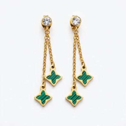 Malachite Emerald Clover Chain Drop Earrings | 18K Gold Plated | Anti-Tarnish Demi-Fine Sweat-Proof - ANUSI Demi-Fine Jewelry Shot 1