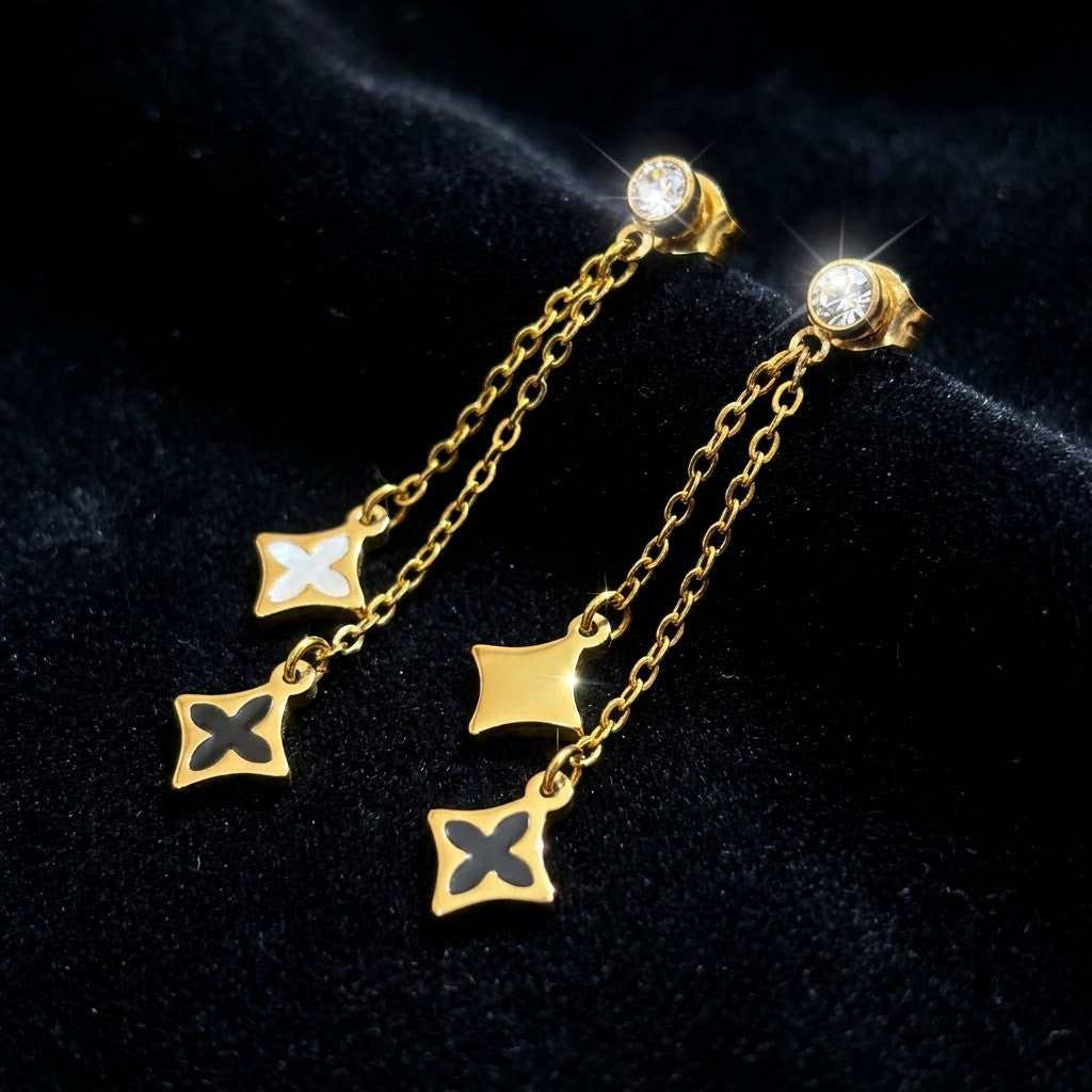 Monochrome Dual Clover Chain Drop Earrings | 18K Gold Plated | Anti-Tarnish Demi-Fine Sweat-Proof - ANUSI Demi-Fine Jewelry Shot 5