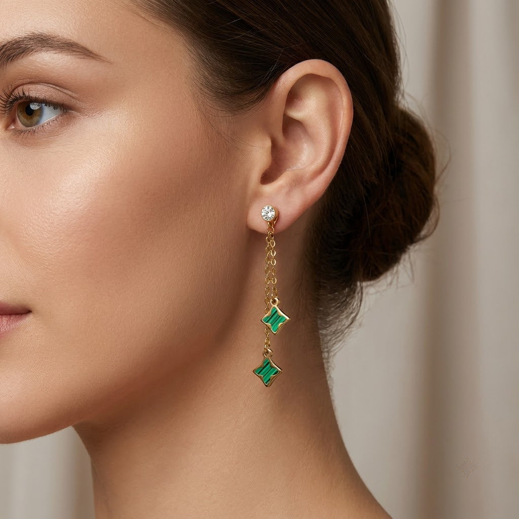 Malachite Emerald Clover Chain Drop Earrings | 18K Gold Plated | Anti-Tarnish Demi-Fine Sweat-Proof - ANUSI Demi-Fine Jewelry Shot 2