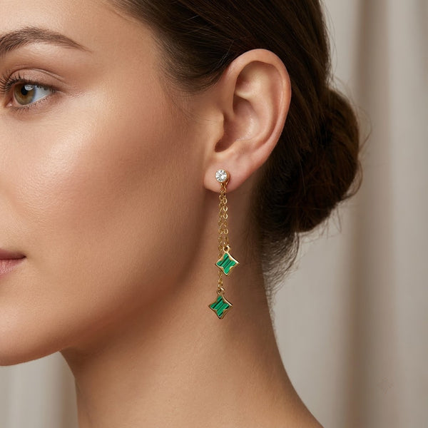 Malachite Emerald Clover Chain Drop Earrings | 18K Gold Plated | Anti-Tarnish Demi-Fine Sweat-Proof - ANUSI Demi-Fine Jewelry Shot 2