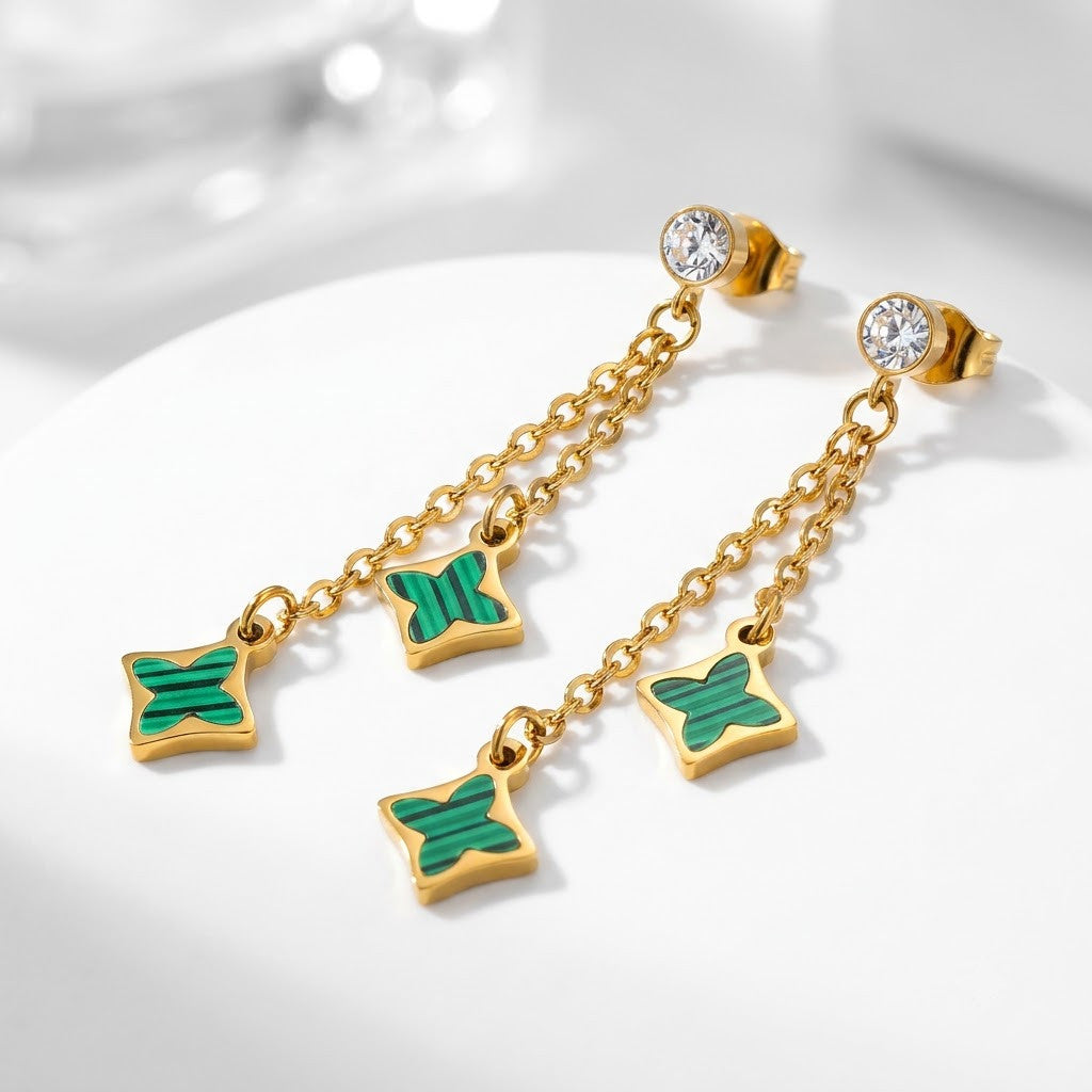 Malachite Emerald Clover Chain Drop Earrings | 18K Gold Plated | Anti-Tarnish Demi-Fine Sweat-Proof - ANUSI Demi-Fine Jewelry Shot 3