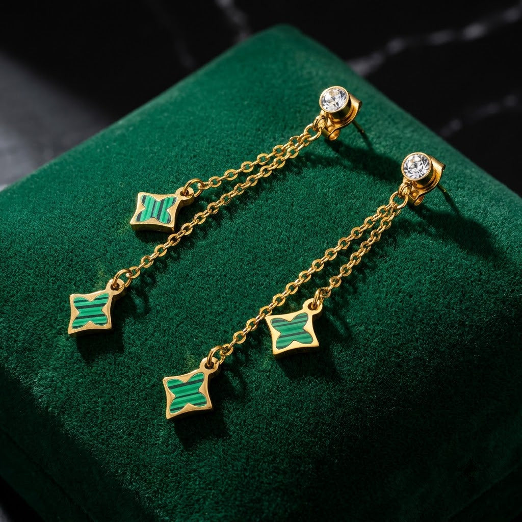 Malachite Emerald Clover Chain Drop Earrings | 18K Gold Plated | Anti-Tarnish Demi-Fine Sweat-Proof - ANUSI Demi-Fine Jewelry Shot 4