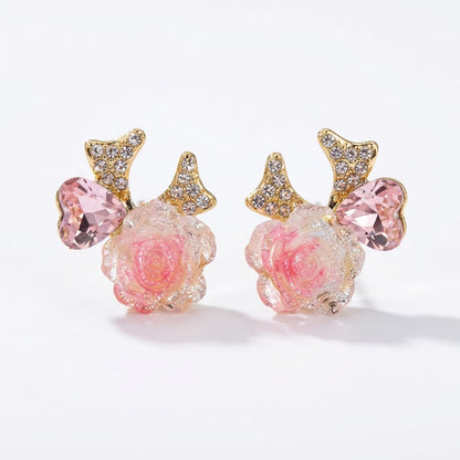 Blushing Rose & Pavé Bow Heart Stud Earrings | 18K Gold Plated | Anti-Tarnish Demi-Fine Sweat-Proof - ANUSI Demi-Fine Jewelry Shot 1