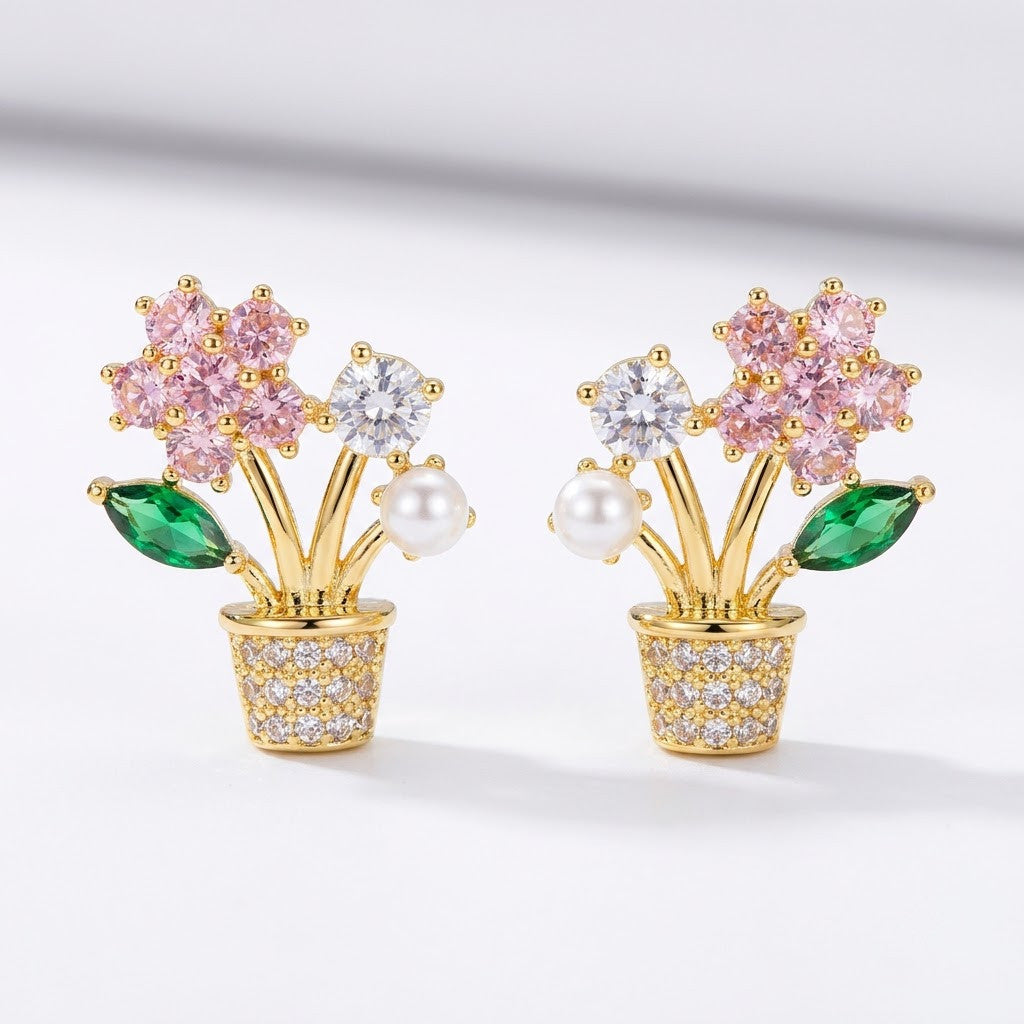 Blooming Blossom & Pearl Flowerpot Stud Earrings | 18K Gold Plated | Anti-Tarnish Demi-Fine Sweat-Proof - ANUSI Demi-Fine Jewelry Shot 1