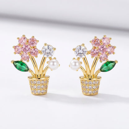 Blooming Blossom & Pearl Flowerpot Stud Earrings | 18K Gold Plated | Anti-Tarnish Demi-Fine Sweat-Proof - ANUSI Demi-Fine Jewelry Shot 1