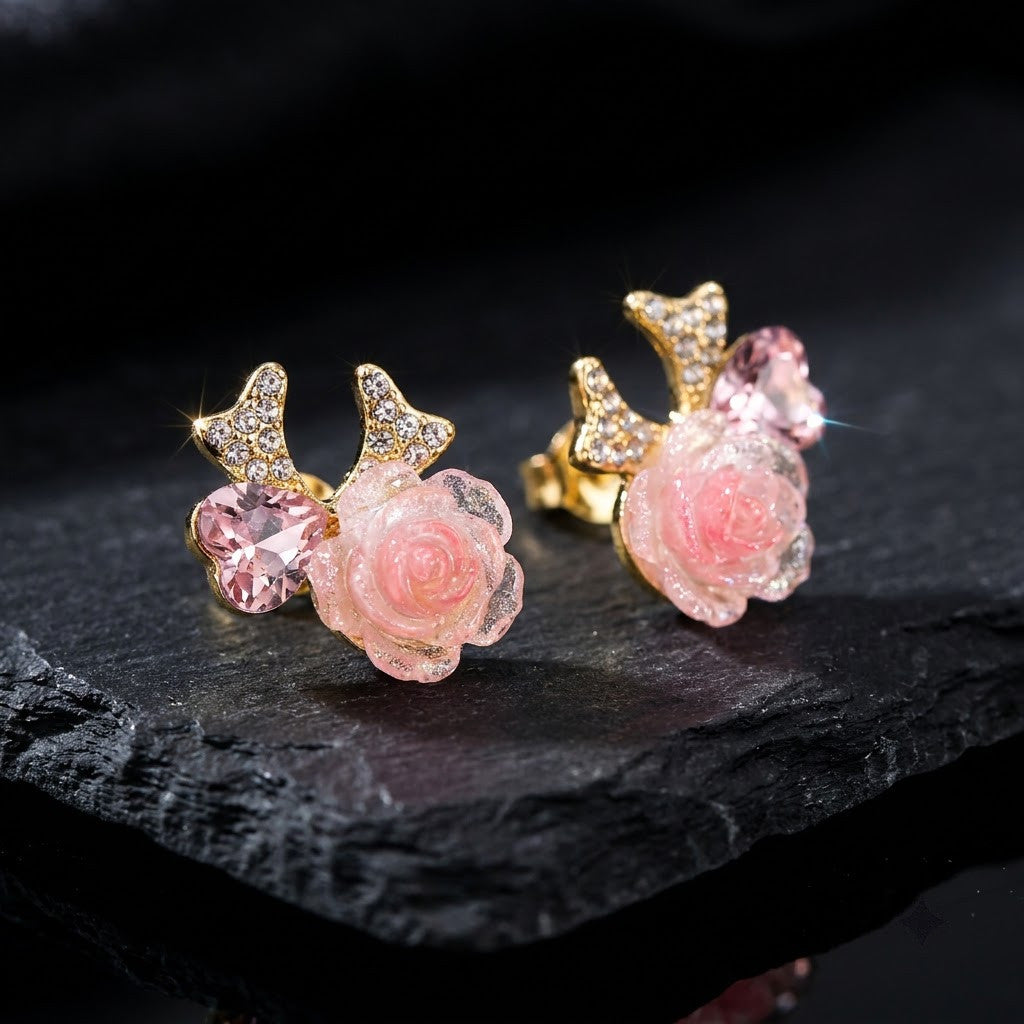 Blushing Rose & Pavé Bow Heart Stud Earrings | 18K Gold Plated | Anti-Tarnish Demi-Fine Sweat-Proof - ANUSI Demi-Fine Jewelry Shot 6
