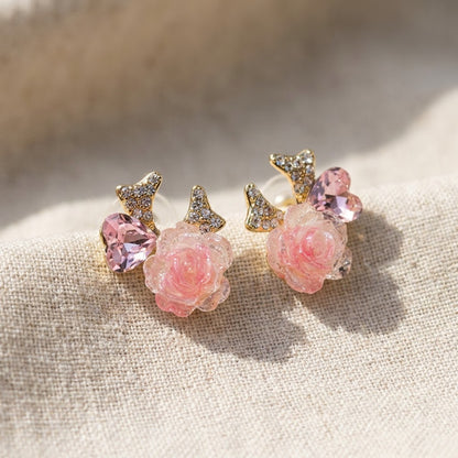 Blushing Rose & Pavé Bow Heart Stud Earrings | 18K Gold Plated | Anti-Tarnish Demi-Fine Sweat-Proof - ANUSI Demi-Fine Jewelry Shot 5