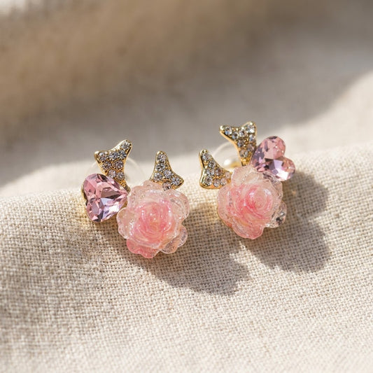 Blushing Rose & Pavé Bow Heart Stud Earrings | 18K Gold Plated | Anti-Tarnish Demi-Fine Sweat-Proof - ANUSI Demi-Fine Jewelry Shot 5