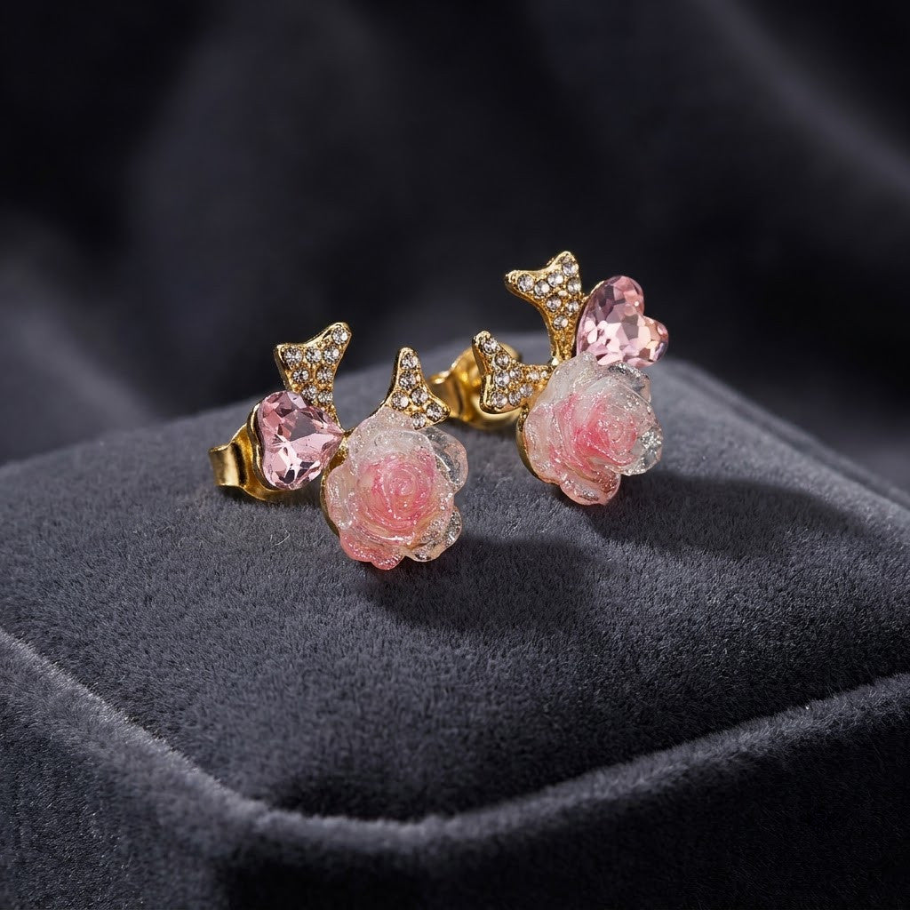 Blushing Rose & Pavé Bow Heart Stud Earrings | 18K Gold Plated | Anti-Tarnish Demi-Fine Sweat-Proof - ANUSI Demi-Fine Jewelry Shot 4
