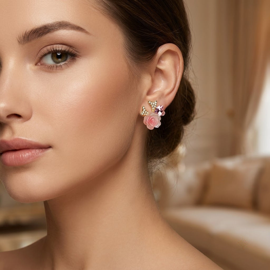 Blushing Rose & Pavé Bow Heart Stud Earrings | 18K Gold Plated | Anti-Tarnish Demi-Fine Sweat-Proof - ANUSI Demi-Fine Jewelry Shot 2