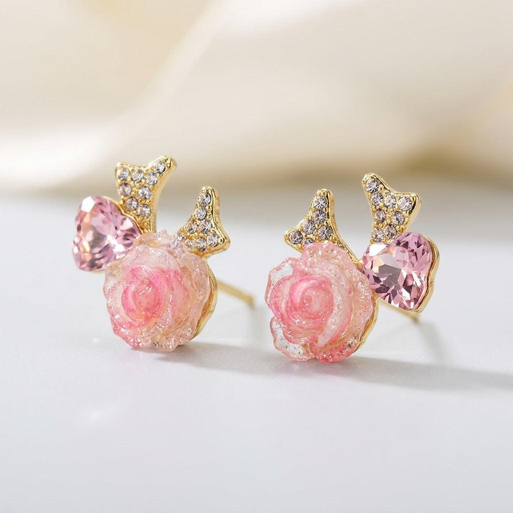 Blushing Rose & Pavé Bow Heart Stud Earrings | 18K Gold Plated | Anti-Tarnish Demi-Fine Sweat-Proof - ANUSI Demi-Fine Jewelry Shot 3
