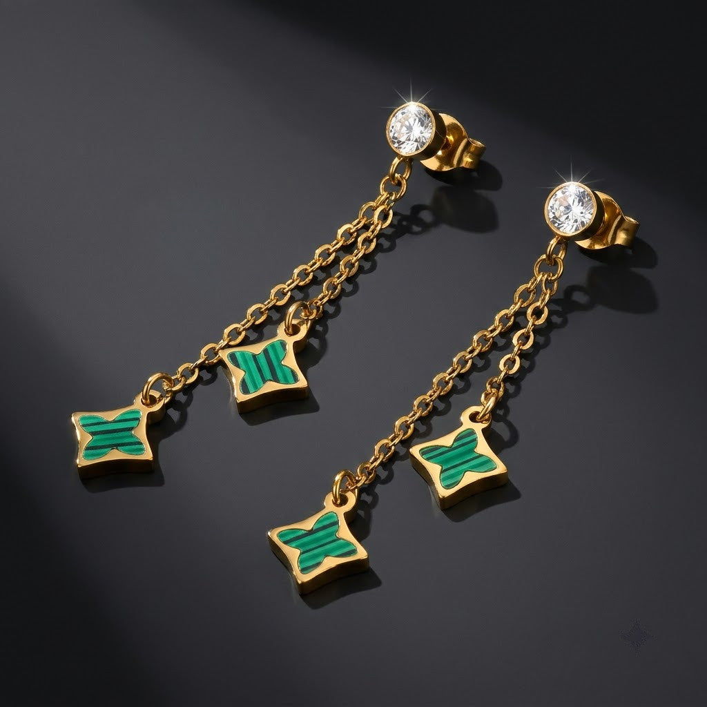 Malachite Emerald Clover Chain Drop Earrings | 18K Gold Plated | Anti-Tarnish Demi-Fine Sweat-Proof - ANUSI Demi-Fine Jewelry Shot 6