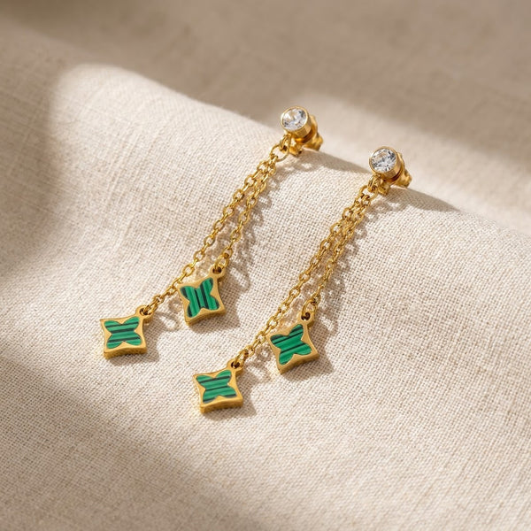 Malachite Emerald Clover Chain Drop Earrings | 18K Gold Plated | Anti-Tarnish Demi-Fine Sweat-Proof - ANUSI Demi-Fine Jewelry Shot 5