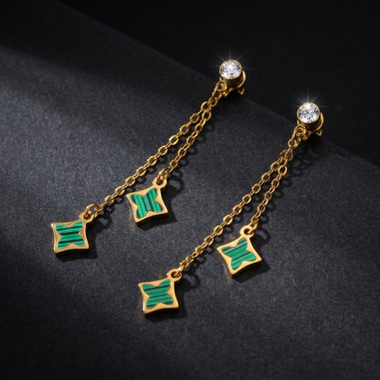 Malachite Emerald Clover Chain Drop Earrings | 18K Gold Plated | Anti-Tarnish Demi-Fine Sweat-Proof - ANUSI Demi-Fine Jewelry Shot 7