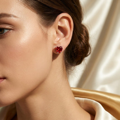 Ruby Red Heart Solitaire Stud Earrings | 18K Gold Plated | Anti-Tarnish Demi-Fine Sweat-Proof - ANUSI Demi-Fine Jewelry Shot 2