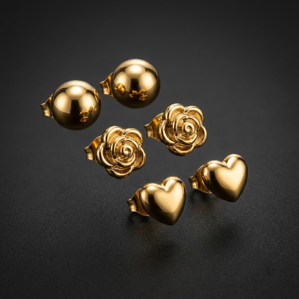 Golden Trio 3-Pair Minimalist Stud Set | 18K Gold Plated | Anti-Tarnish Demi-Fine Sweat-Proof - ANUSI Demi-Fine Jewelry Shot 6