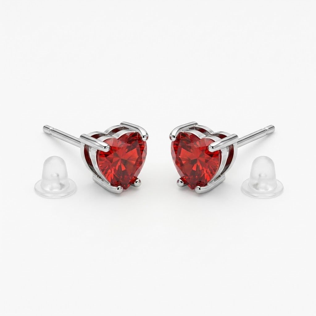Ruby Red Heart Solitaire Stud Earrings | 18K Gold Plated | Anti-Tarnish Demi-Fine Sweat-Proof - ANUSI Demi-Fine Jewelry Shot 1