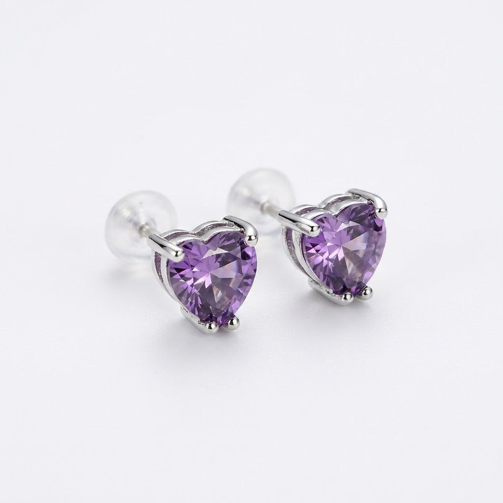 Amethyst Purple Heart Solitaire Stud Earrings | 18K Gold Plated | Anti-Tarnish Demi-Fine Sweat-Proof - ANUSI Demi-Fine Jewelry Shot 1
