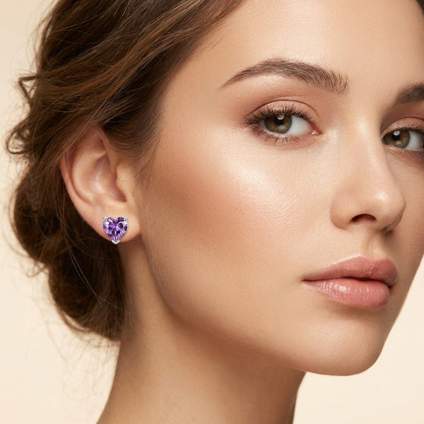 Amethyst Purple Heart Solitaire Stud Earrings | 18K Gold Plated | Anti-Tarnish Demi-Fine Sweat-Proof - ANUSI Demi-Fine Jewelry Shot 2