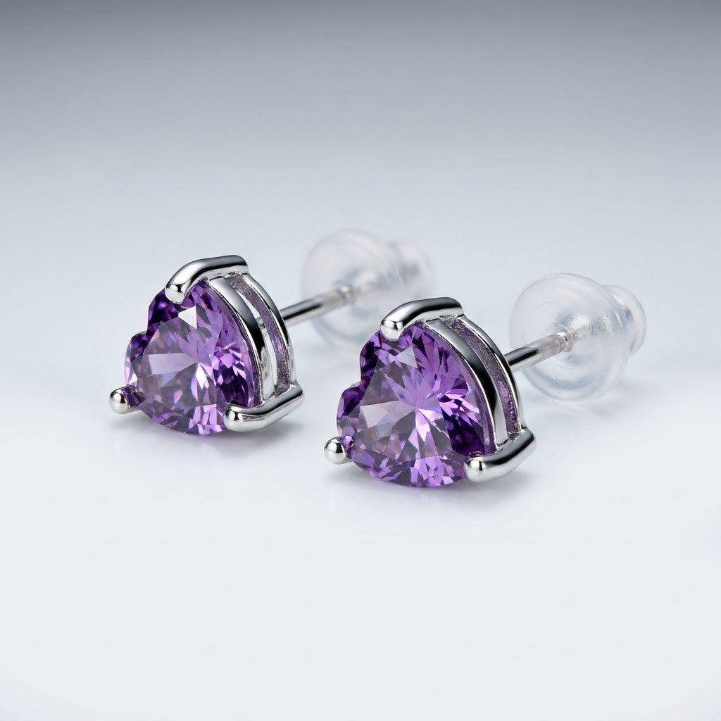 Amethyst Purple Heart Solitaire Stud Earrings | 18K Gold Plated | Anti-Tarnish Demi-Fine Sweat-Proof - ANUSI Demi-Fine Jewelry Shot 3