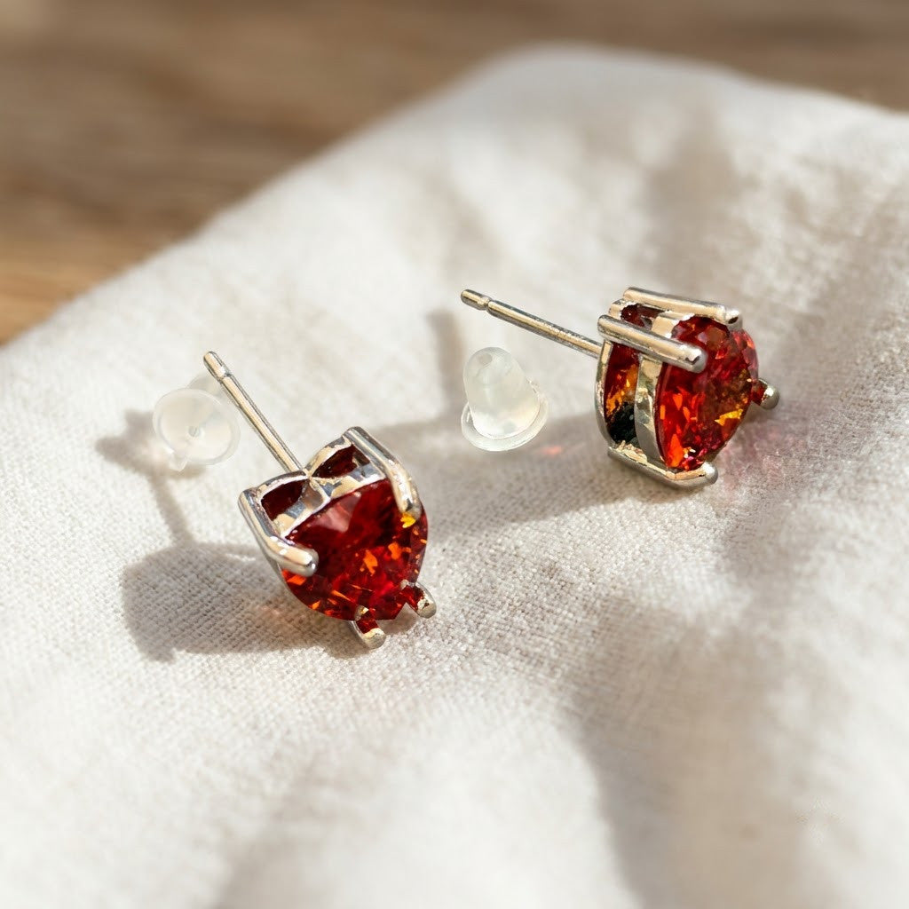 Ruby Red Heart Solitaire Stud Earrings | 18K Gold Plated | Anti-Tarnish Demi-Fine Sweat-Proof - ANUSI Demi-Fine Jewelry Shot 5